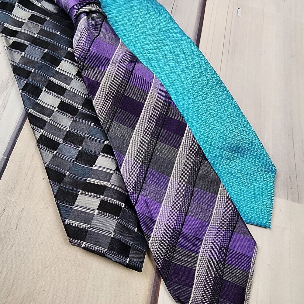 3 Men's Neck Tie Lot 100% Silk Kenneth Cole, Blend Perry Ellis Purple Gray Teal